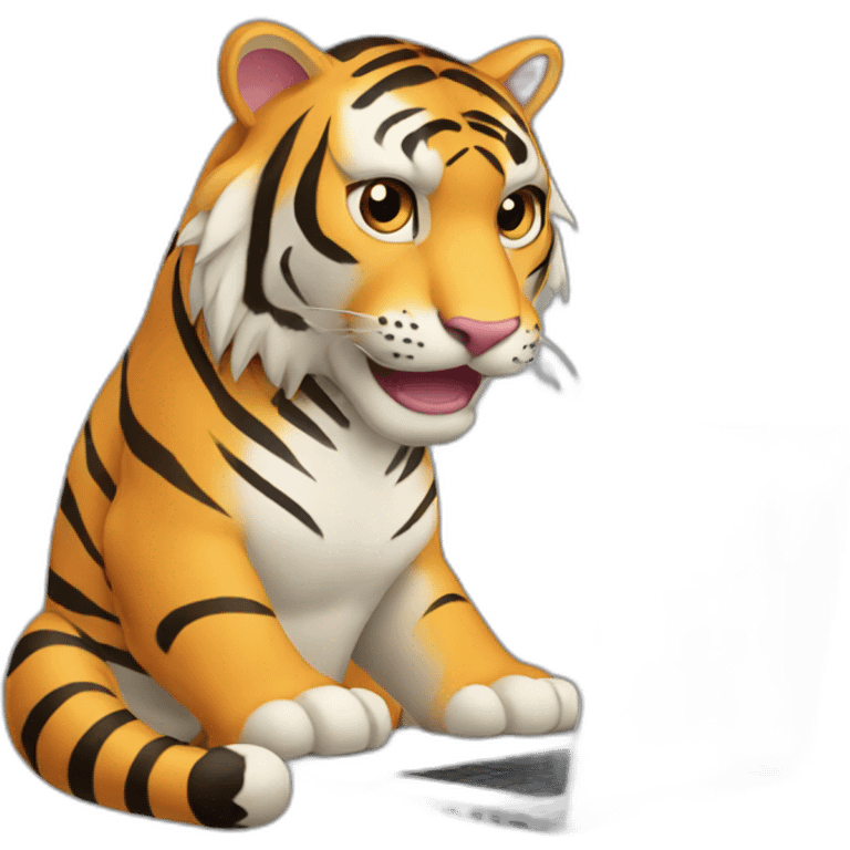 A tiger who study on a laptop with the word "AVEX" on the laptop emoji