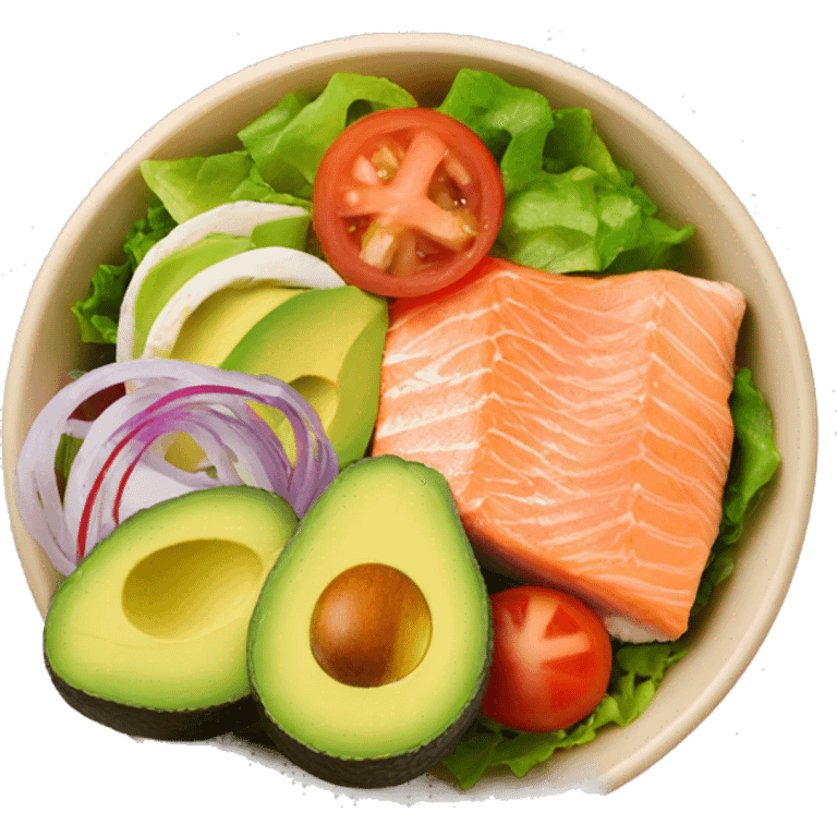 Delicious lunch bowl with salad, salmon, avocado and tomato emoji