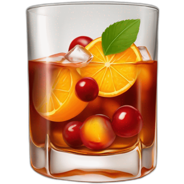 Short old fashioned glass, whiskey cocktail cherry, ice cubes, orange peel twist emoji