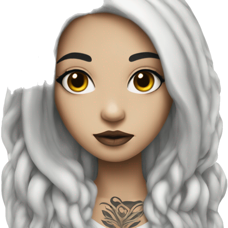 Beautiful girl with white skin, long black hair and tattoos emoji