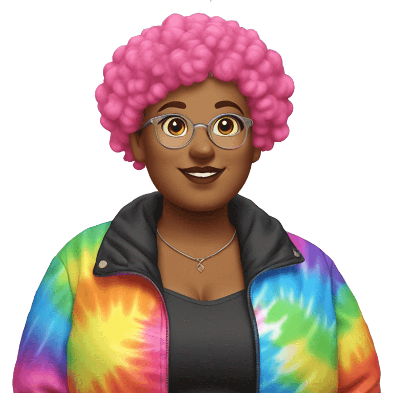 Plus size black woman with pink curly pixie cut hair and a rainbow tie dye bubble jacket  emoji