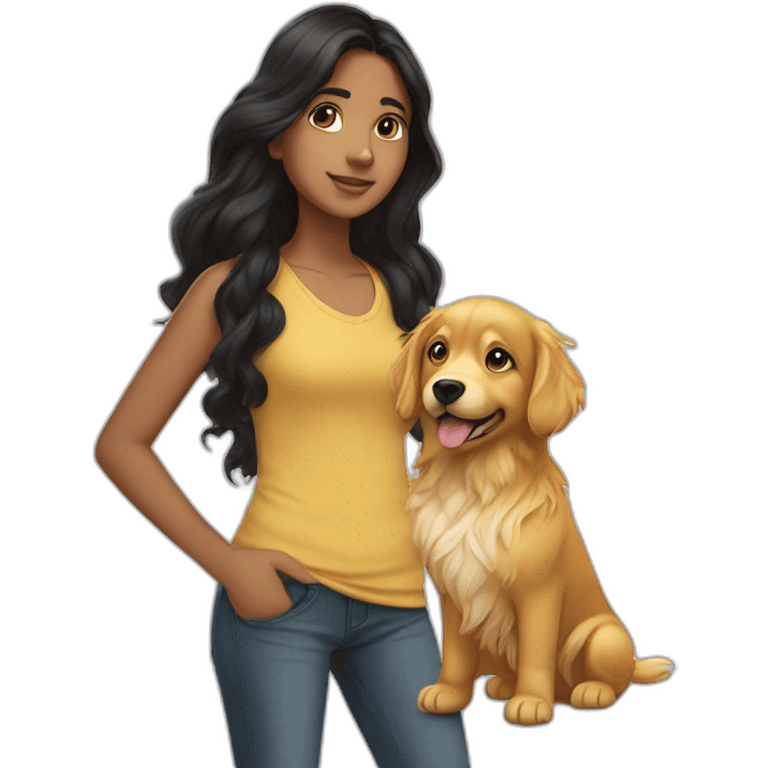 Indian teen with long wavy black hair walking golden retriever  emoji