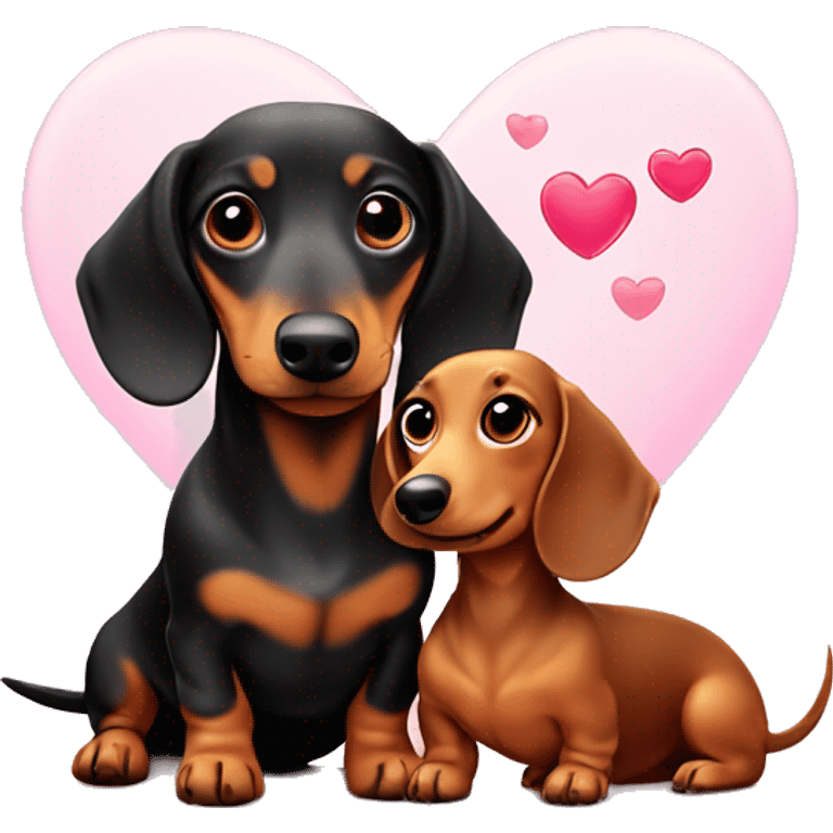 Two mini dachshund of different sizes and colours in love with a love heart in front  emoji