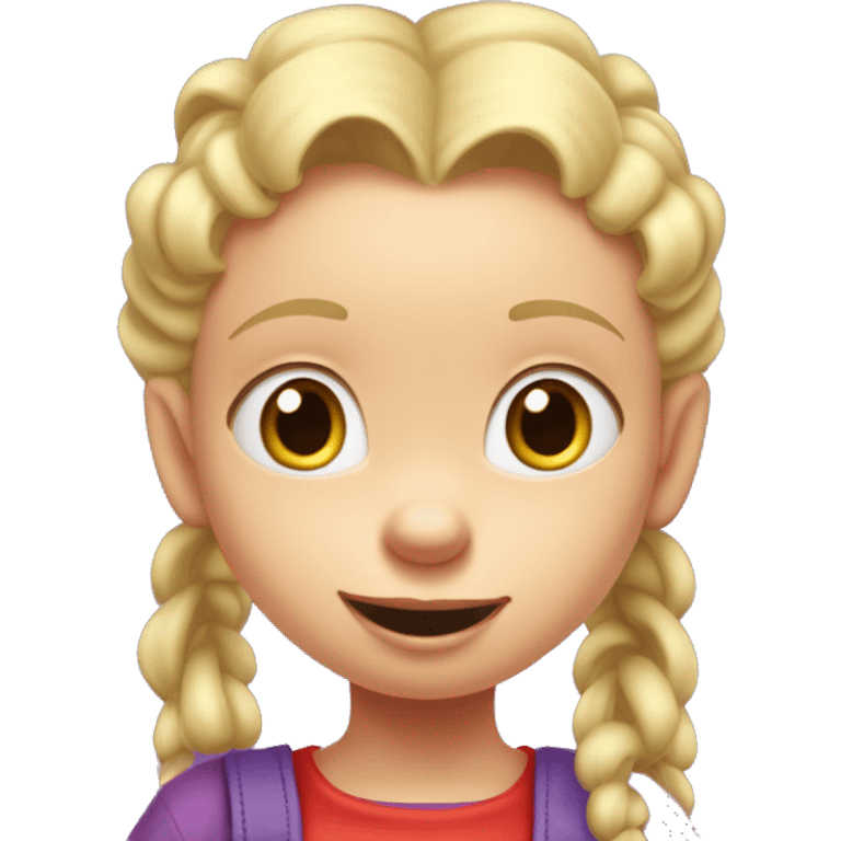 A little blonde girl with pigtails and little purple bows wearing a red long sleeved shirt and purple overalls, rugrats emoji