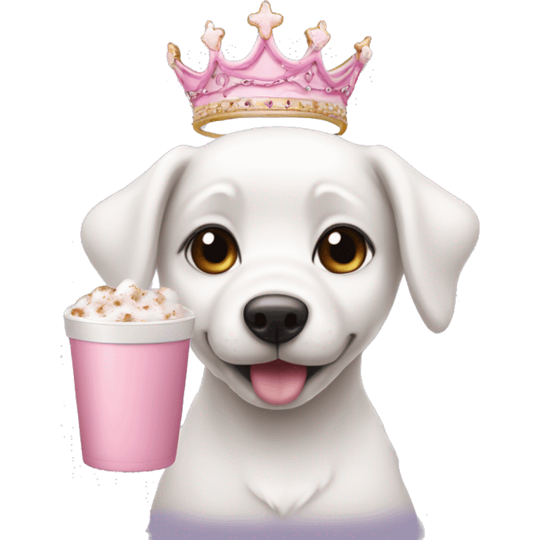 White puppy with a pink tiara and hot cocoa  emoji