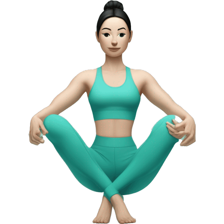 Pale skinned fit woman In a turquoise tight yoga suit and wristbands With black hair over her shoulders doing yoga emoji