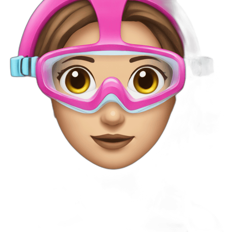 woman large and straight brown hair, pink diving mask with a single crystal-blue eyes. underwatersnorkel emoji