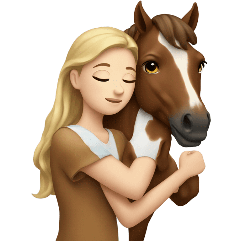 Girl hugging brown horse with white spots  emoji