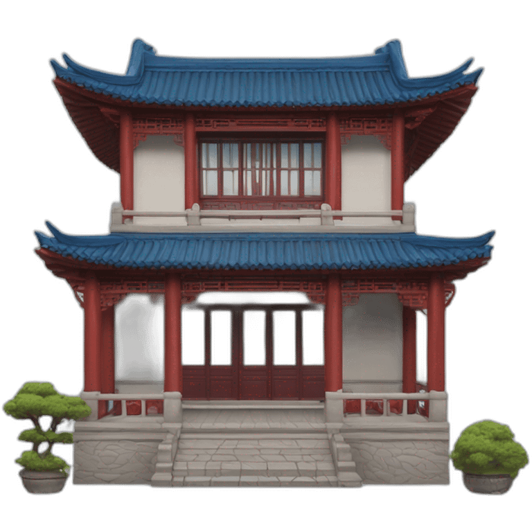 the facade of a medium-sized Chinese-style house with a blue roof and red wooden structures emoji