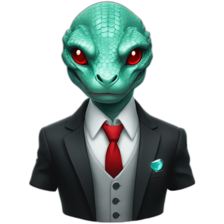 Aquamarine reptilian in classic black suite with red laser eyes on the middle of platinum coin emoji