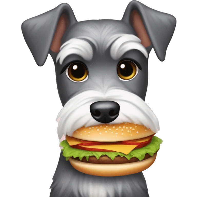 Schnauzer dog, eating a hamburger ￼ emoji