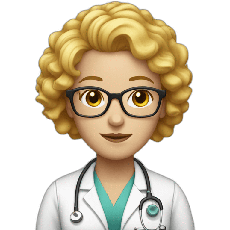 FEMALE Doctor With Curly Yellow Hair and White Skin, and glasses. About 55 years old emoji