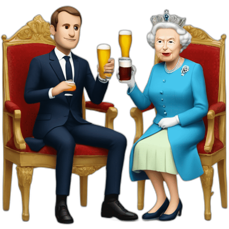 Macron and the Queen Elizabeth drinking a beer emoji