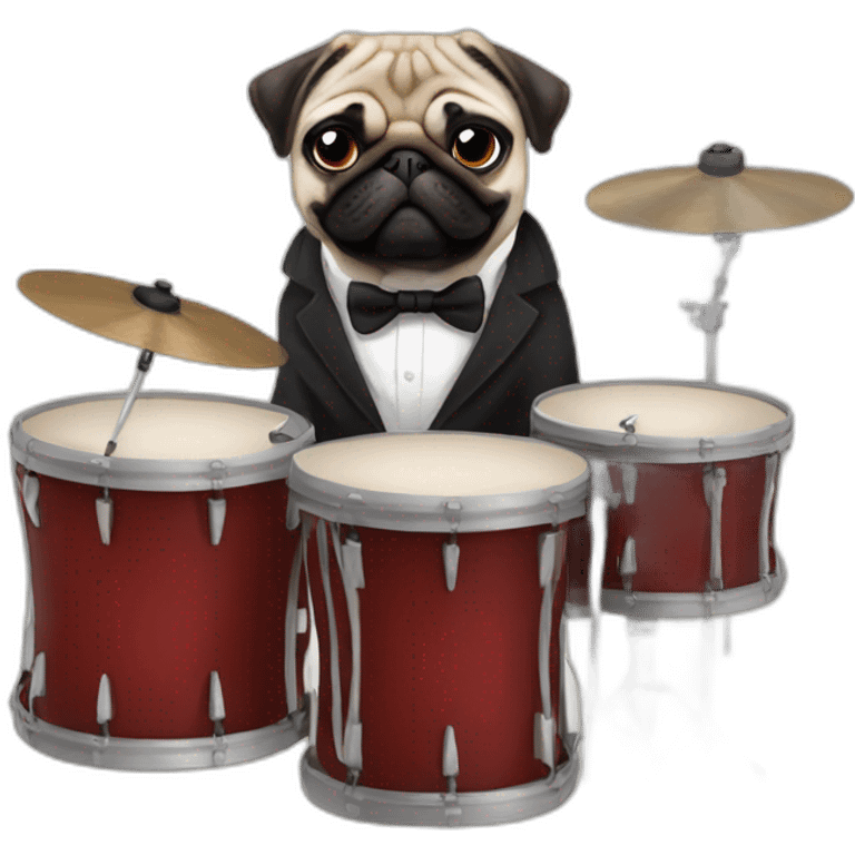 Pug with bow tie and suit playing drums emoji