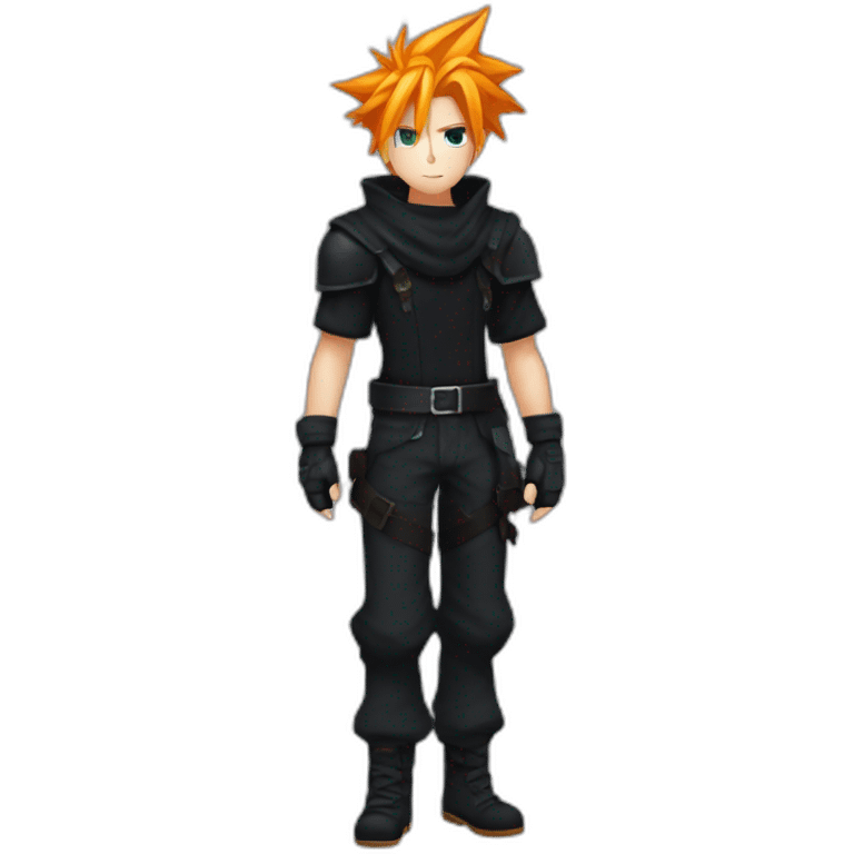 cloud strife with orange hair. Black clothes full body  emoji