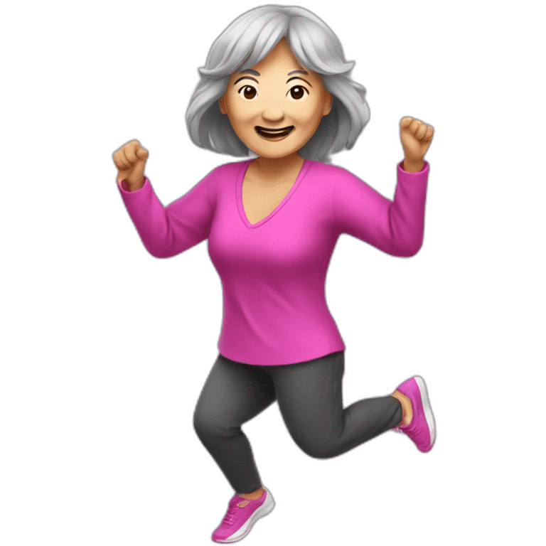 long hair Asian senior woman with bang dancing Zumba emoji