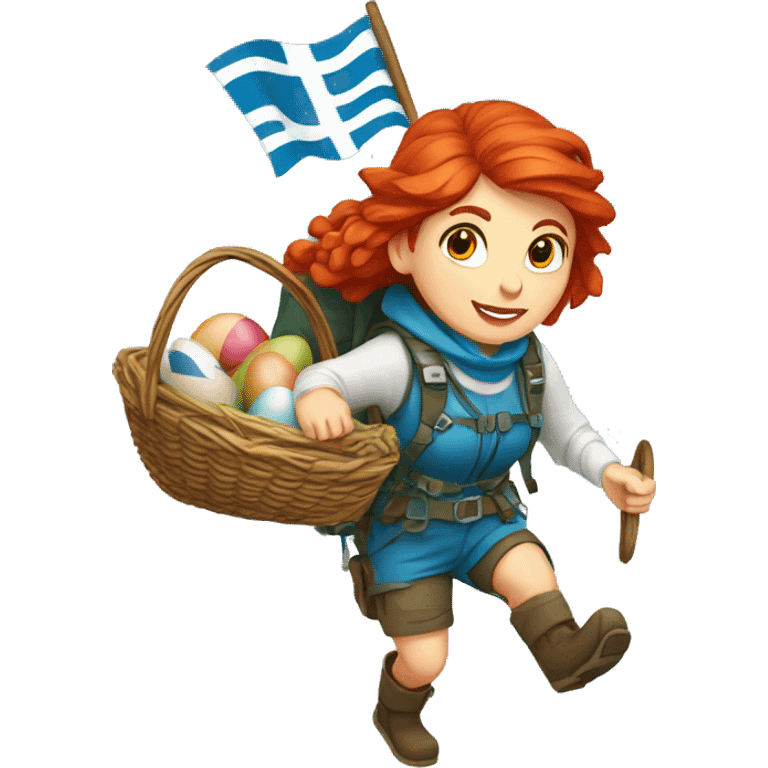 red hair female winter mountaineer climbing with Easter eggsbasket and Greek flag emoji