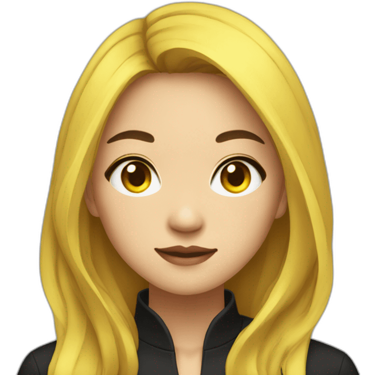 Female asian round face with black long untied yellow highlighted long hair in a black shirt emoji