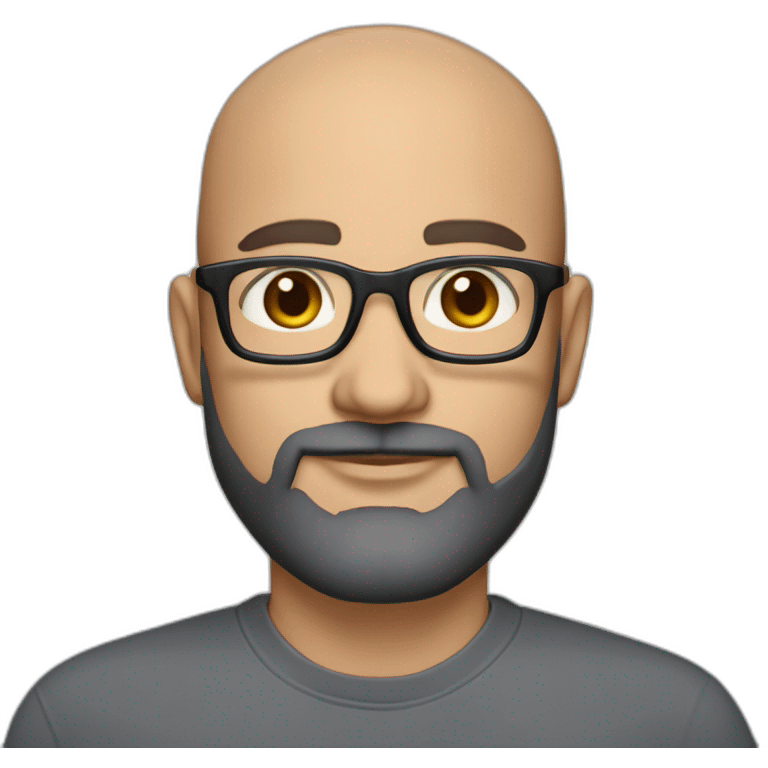 marketing strategist, 40 years old,with brown eyes, light caukassian skin,short black grey beard, bald, wearing bold glasses, and shirt emoji