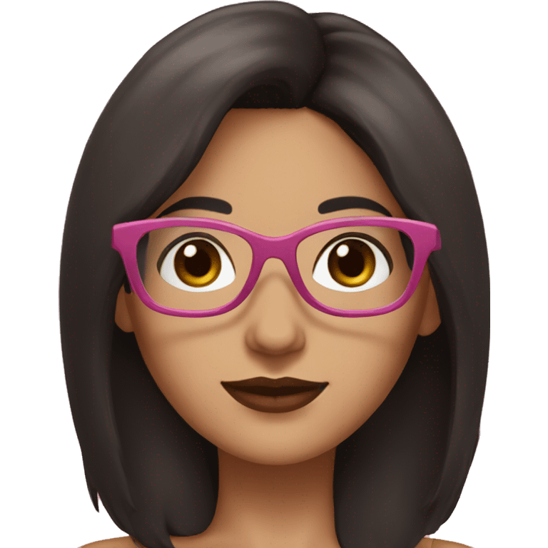 brunette woman with brown eyes, black hair color with pink glasses emoji