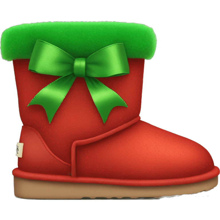 Realistic red Ugg fur boots with gree ribbon bows isolated.  emoji