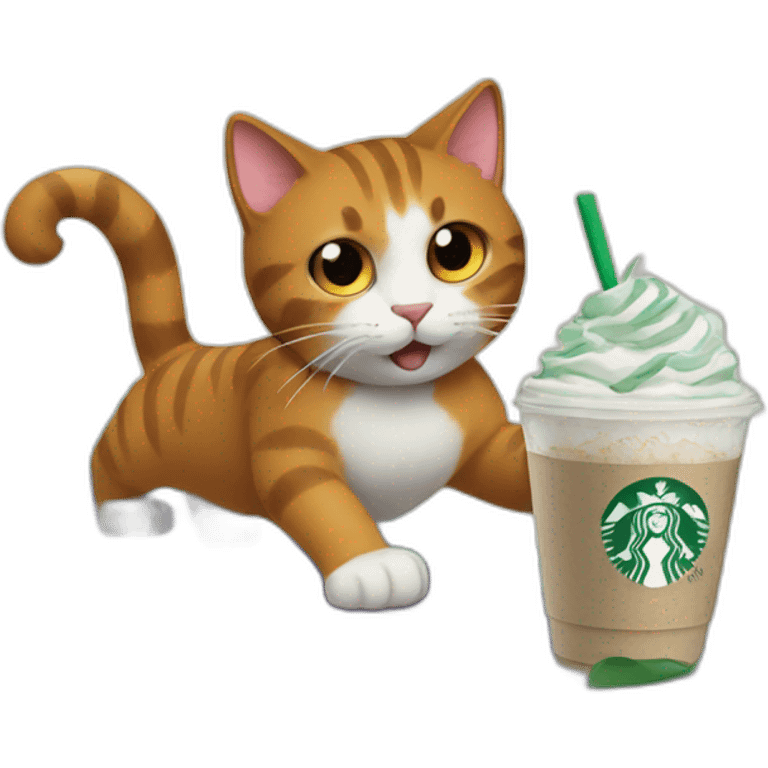 cat surfing with starbucks in the paw of cat emoji