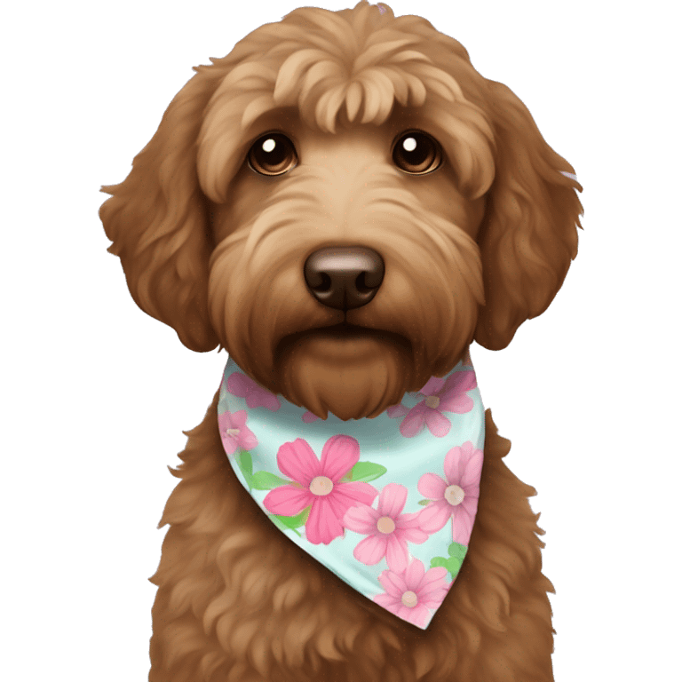 Brown labradoodle with a flower bandana emoji