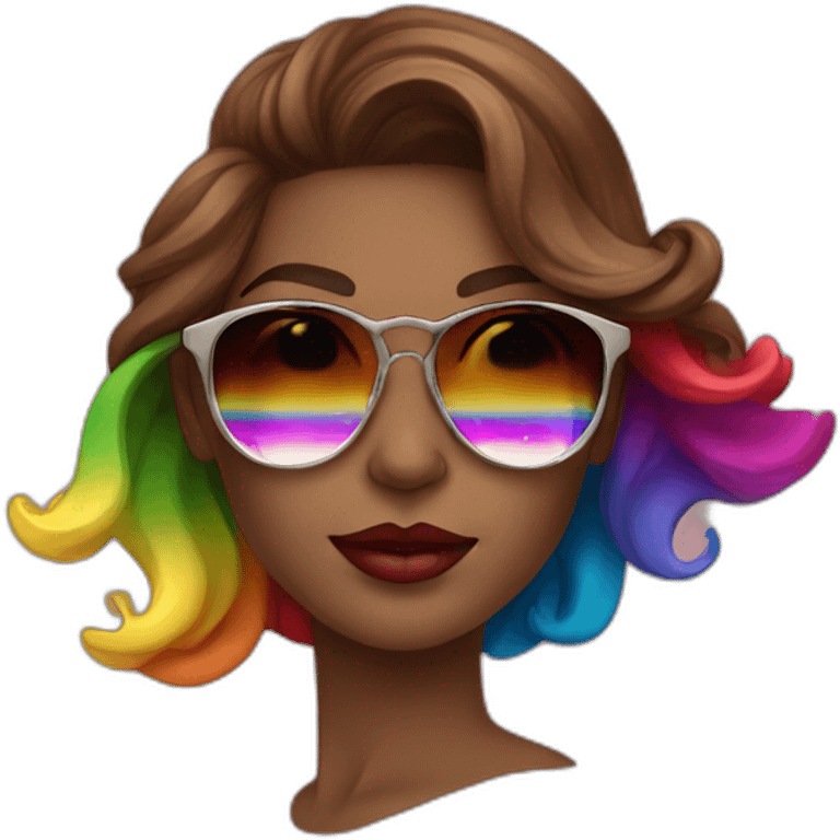 gay pride sunglasses on female head with wavy brown hair and rainbow lipstick emoji