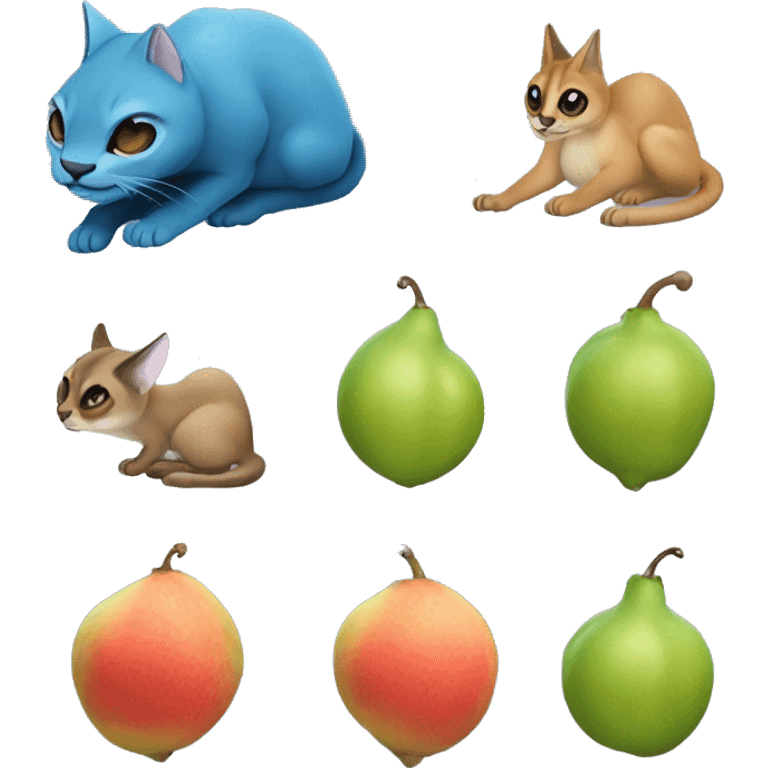 Quince fruit + caracal emoji who has a snail's shell, the shell's color is blue, the caracal doesn't have a nose emoji