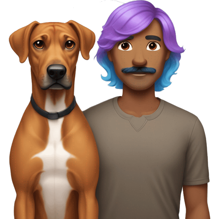 white man with rainbow colored hair and curled mustache standing alongside a brown rhodesian ridgeback dog emoji