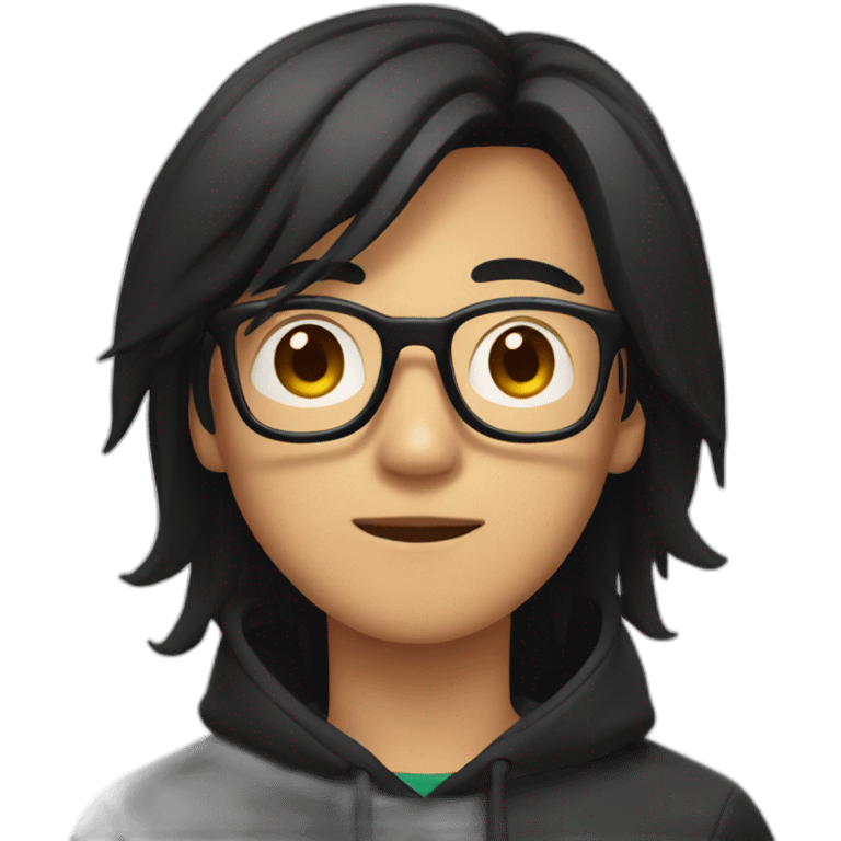 Asian Guy with long black hair and square glasses and black hoodie emoji