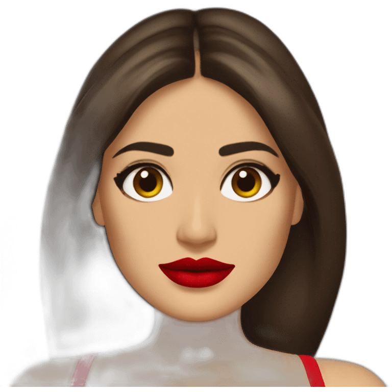 Salma hayek in bikini with straight hair red lips oval face almond eyes emoji