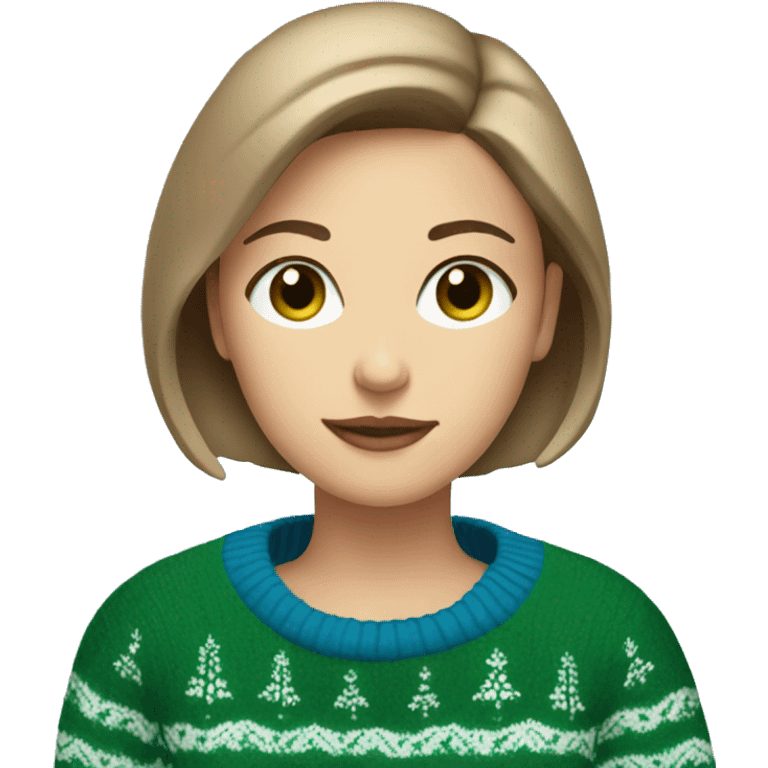 Light brown short haired girl with green eyes drinking coffee wearing blue Christmas sweater emoji