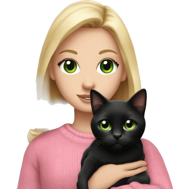 Pretty green eyed white girl with blonde hair in a pink sweater holding a black cat emoji