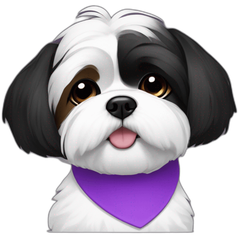 half face black and half face white shihtzu dog wearing a bun and a pueple collar emoji