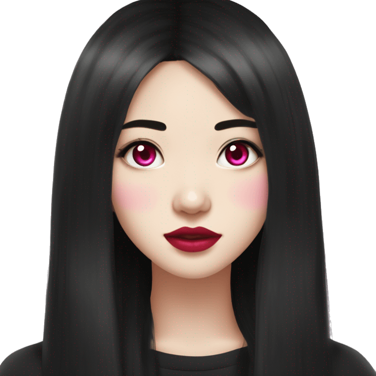 girl, asian, pale skin with pink splotches, beauty marks, eye liner, lashes, plump pink lips, red eyes, long black hair, y2k style clothes emoji