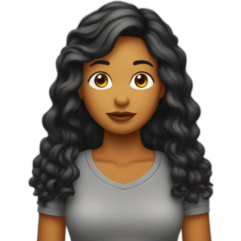 Chica trigueña de pelo negro largo con un dedo haciendo una señal como tú piensa emoji