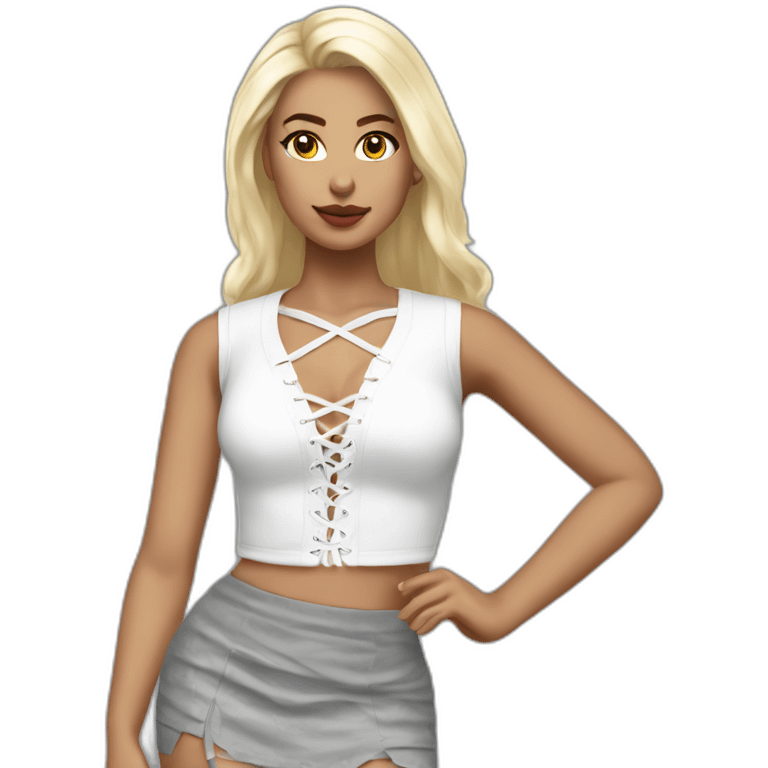 white long straight blonde woman realistic white lace up crop top and grey mini skirt emoji