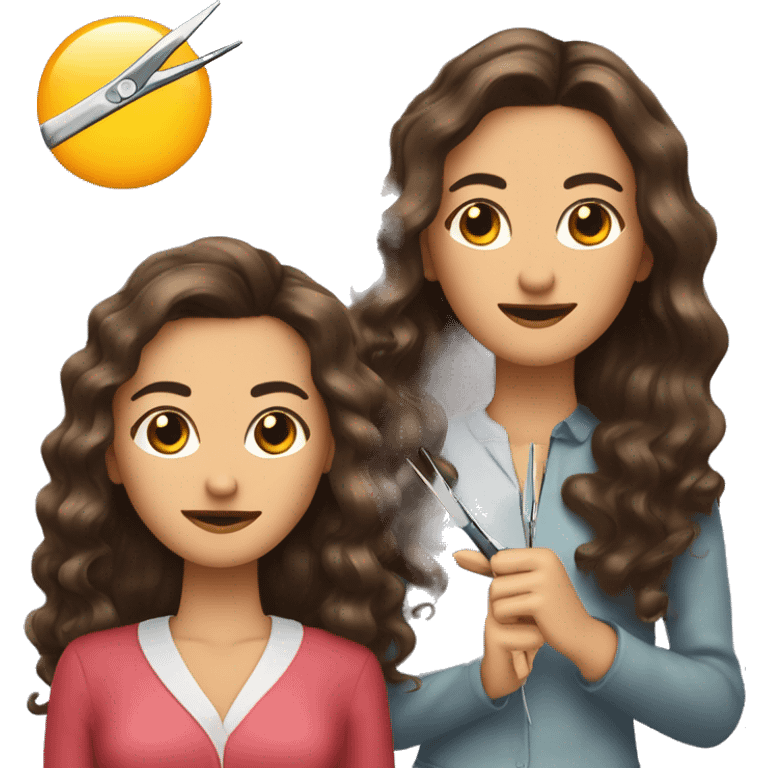 woman with long dark wavy hair holding tweezers and styling her friend eyebrows with scissors  emoji