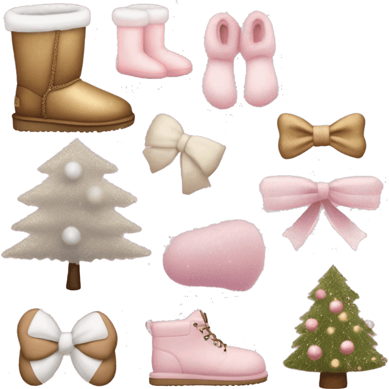 pink and beighe neutral coloured cheistmas items like ugg slippers, bows, gifts, earmuffs, cheistmas trees, snowflakes, etc. slightly glittery but very cozy emoji