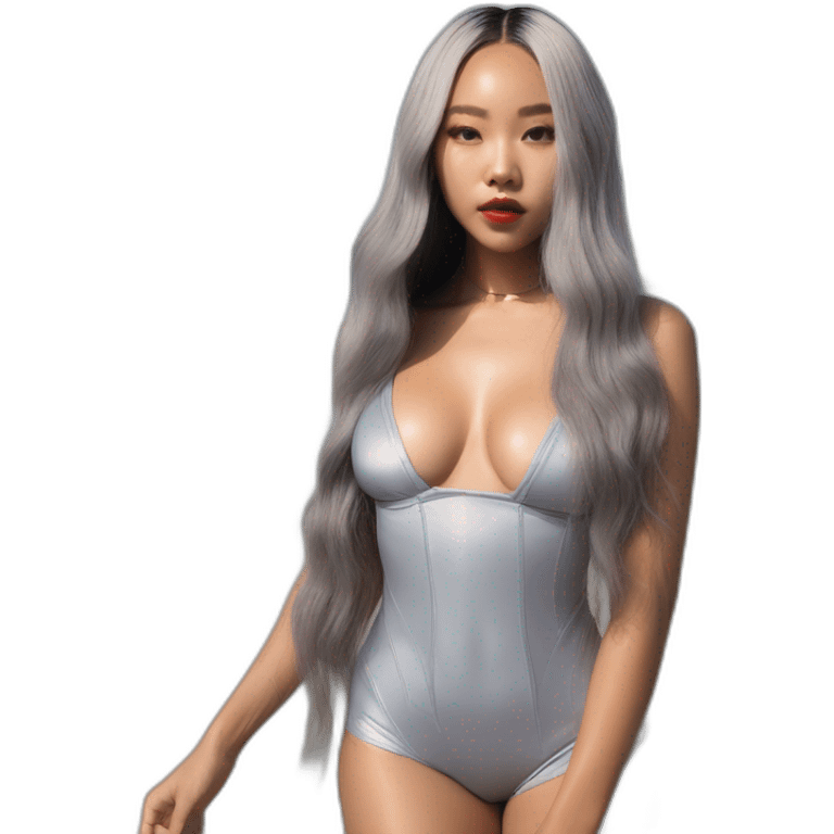 all the body, body standing head to toe, blasian girl, kpop idol, angelic beauty, korean american, black girl, beach suit, grey dyed hair, grey shiny, very long hair, make-up on fleek, baddie emoji