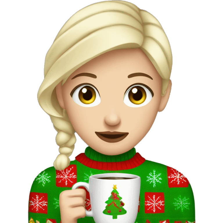 Short haired blonde girl with green eyes drinking coffee wearing Christmas sweater emoji