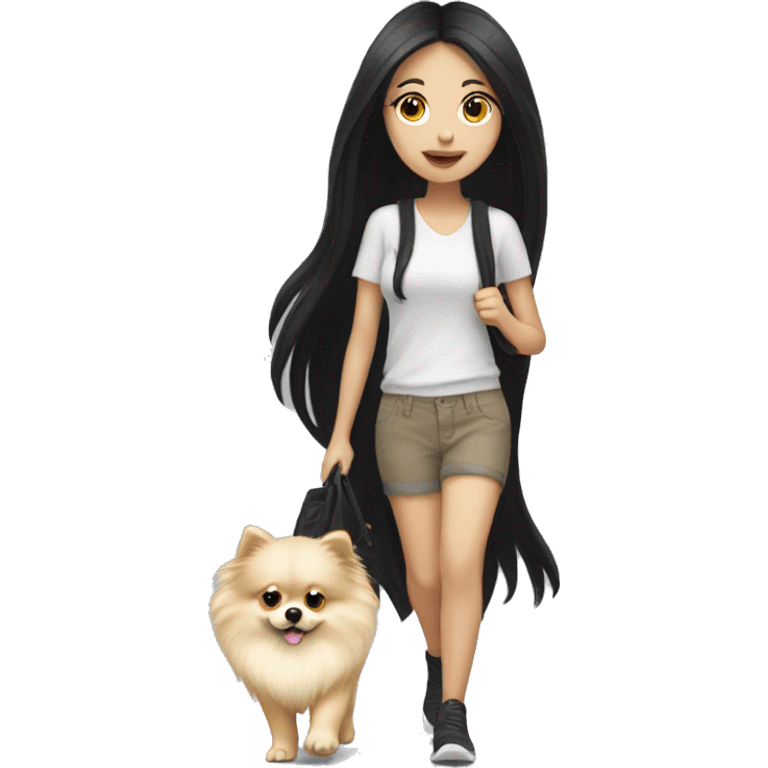 pale girl with long black hair walking with pomeranian emoji