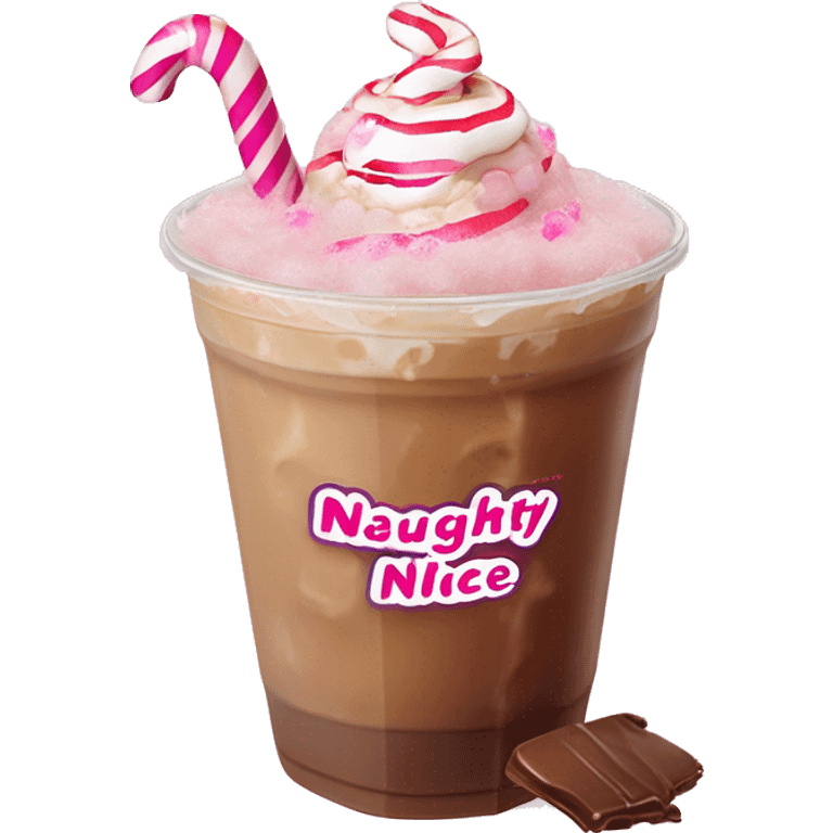 Iced coffee with pink foam and candy cane crushed on top with a pink label sticker that says naughty is the new nice  emoji