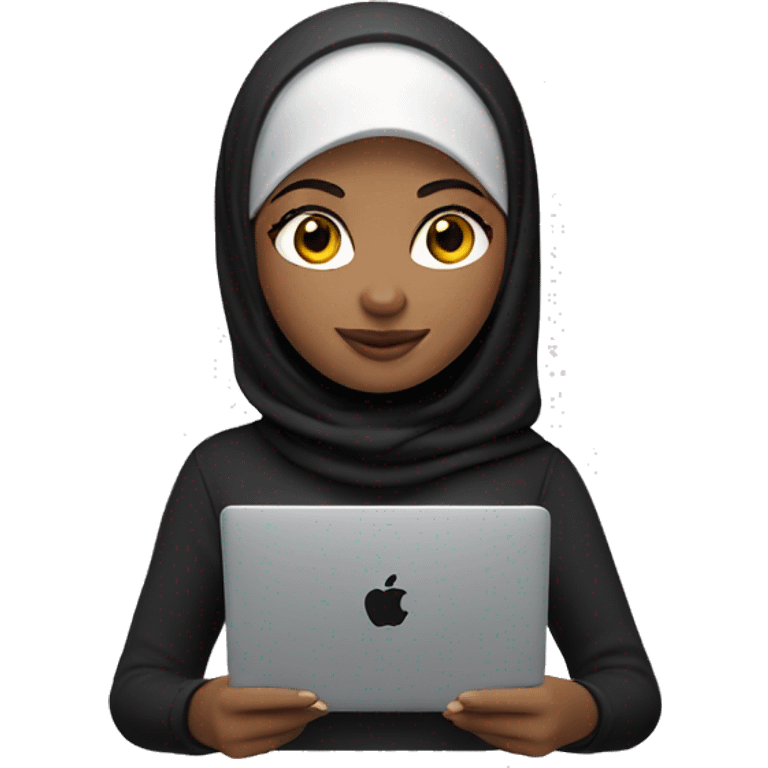 memoji of a female with a laptop in front, apple-style, modern, hijabi women, black sweater, computer in hand   --ar 1:1 emoji