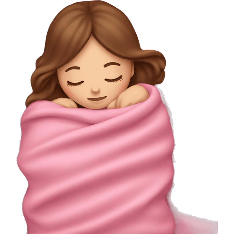 White girl with brown hair sleeping with pink blanket emoji