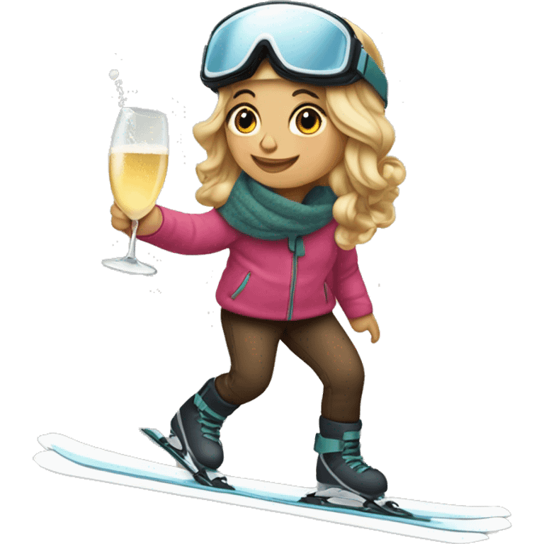 Girl skiing with a glas of champagne in her hand  emoji