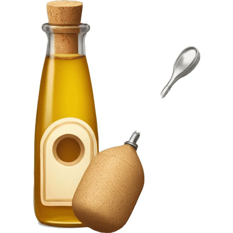 bottle of vinegar with the cork and a nozzle; spoon is laying neat the bottle emoji