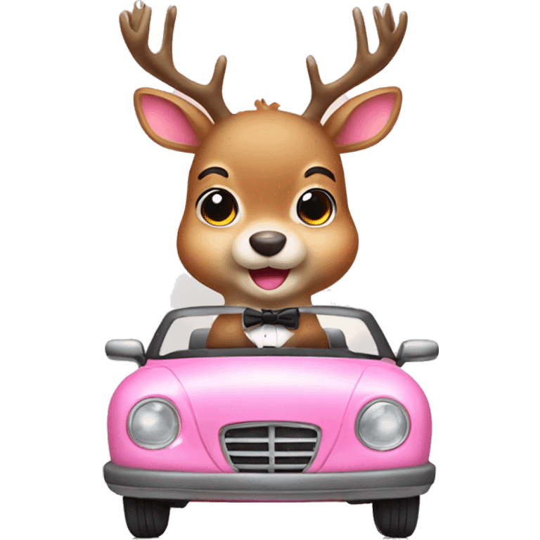 cute deer with pink bow tie driving car emoji