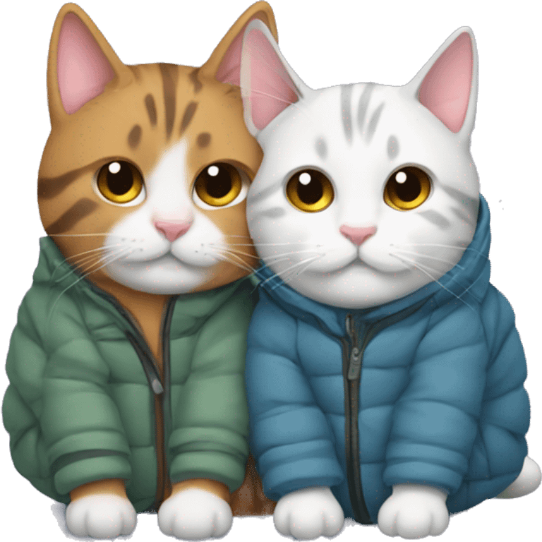 2 cats wearing winter jackets snuggling  emoji